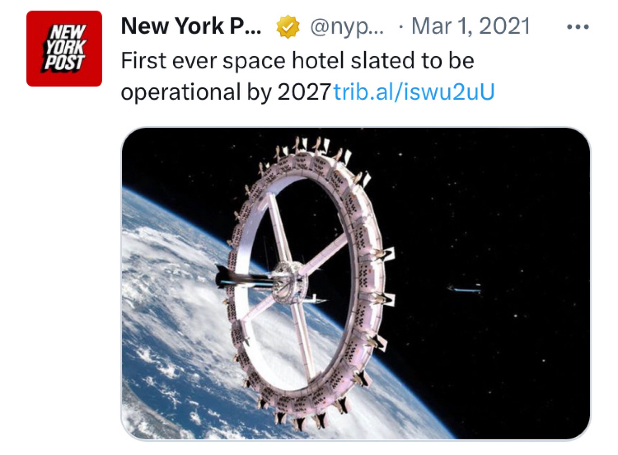 A New York Post story about a fantastic hotel opening in space 