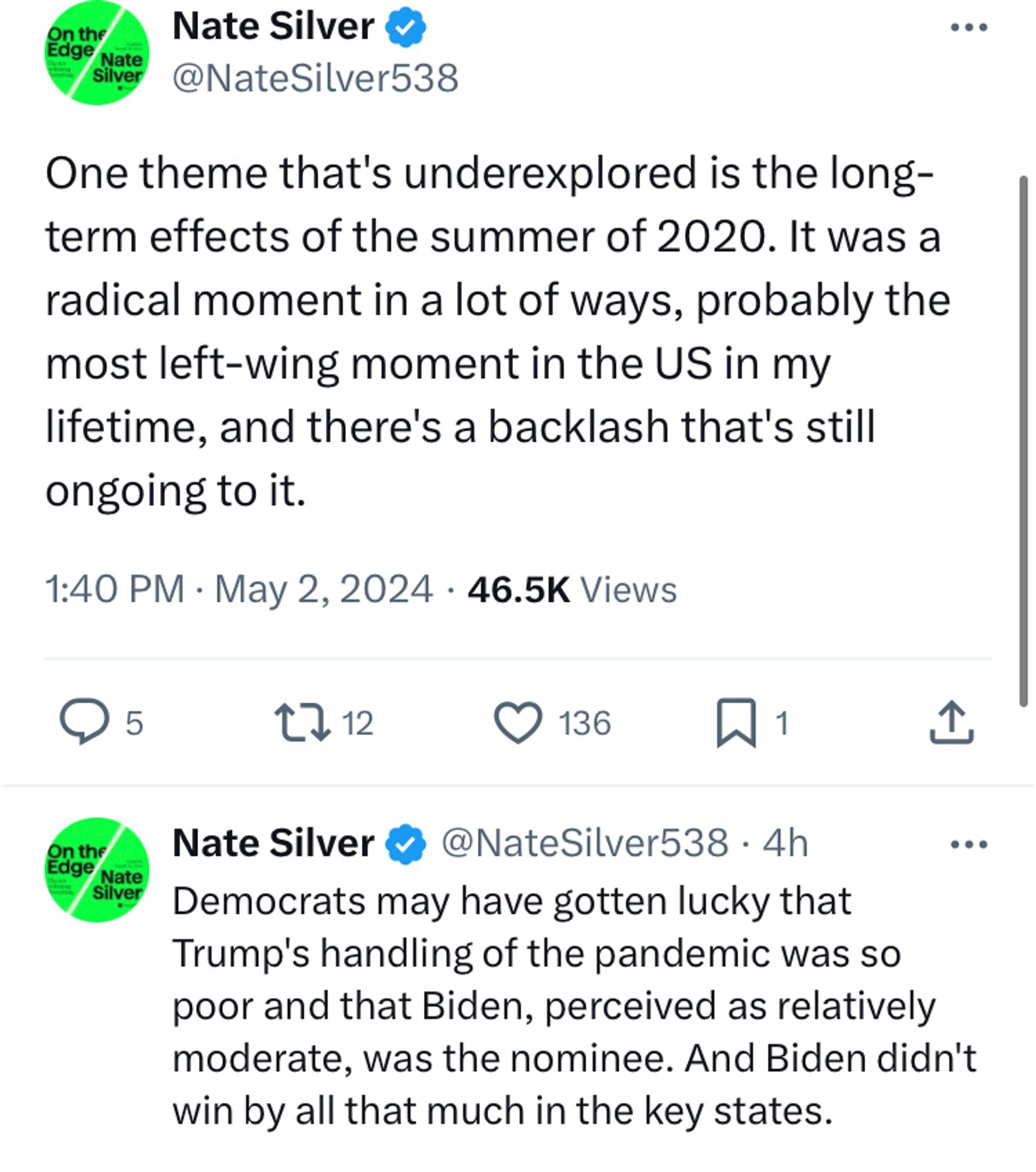 Nate Silver saying summer 2020 was the most leftwing moment of his lifetime