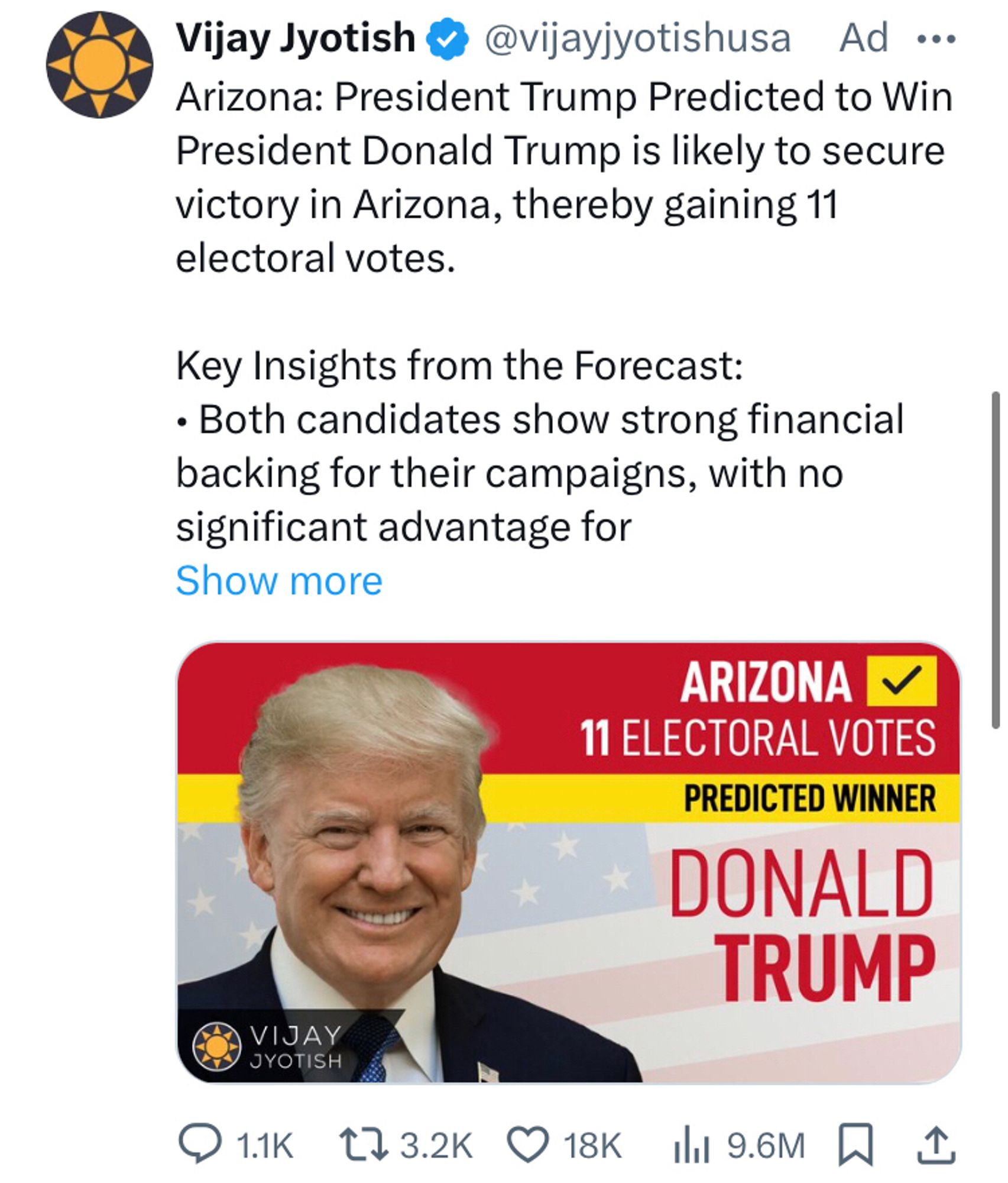 A Twitter ad from a guy in India saying Trump will win (has won?) Arizona