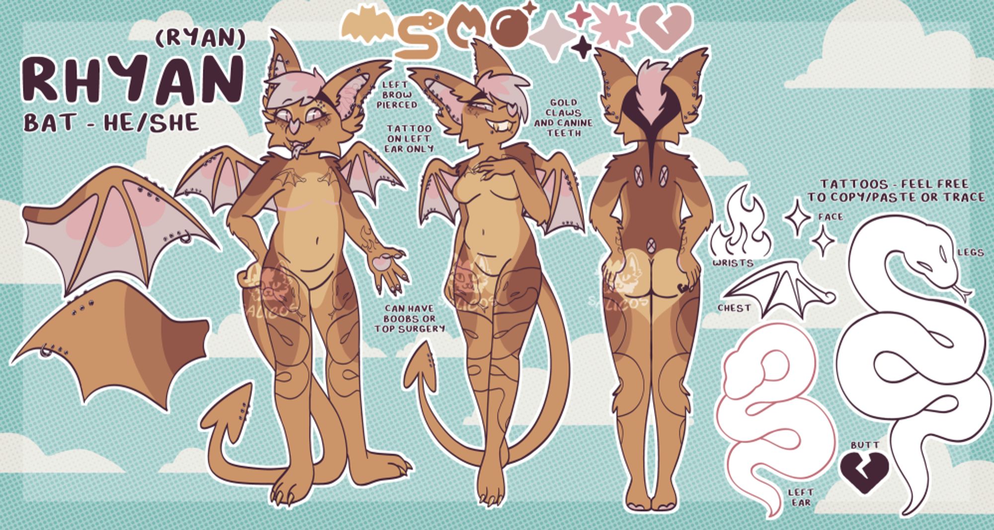 Reference sheet of a genderfluid brown anthro bat with piercings and tattoos