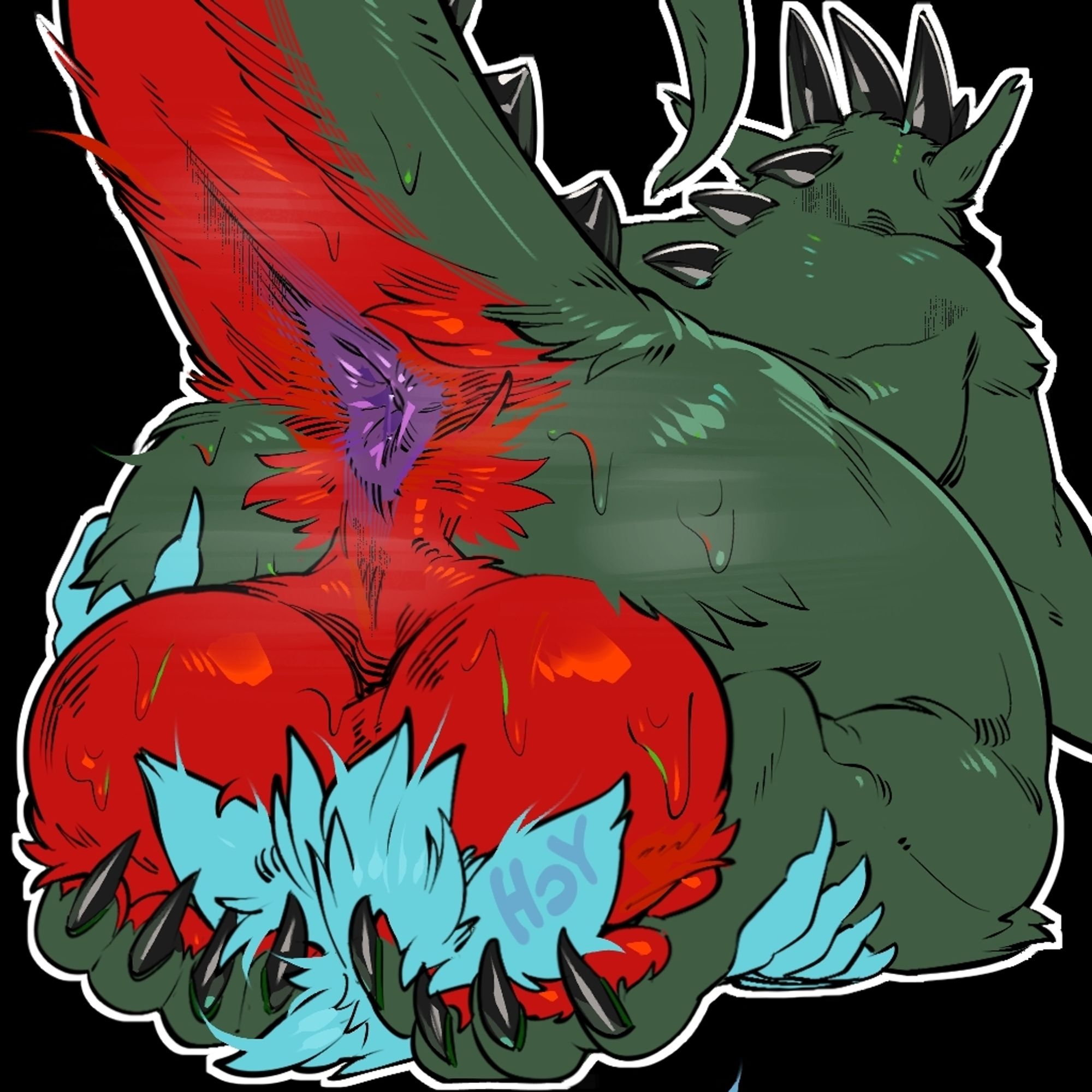 Rhys tea bagging a blue unambiguous character labelled 'YCH' with his paws cupping their skull whilst his backside is exposed, showing hole. Art is by @majmajor