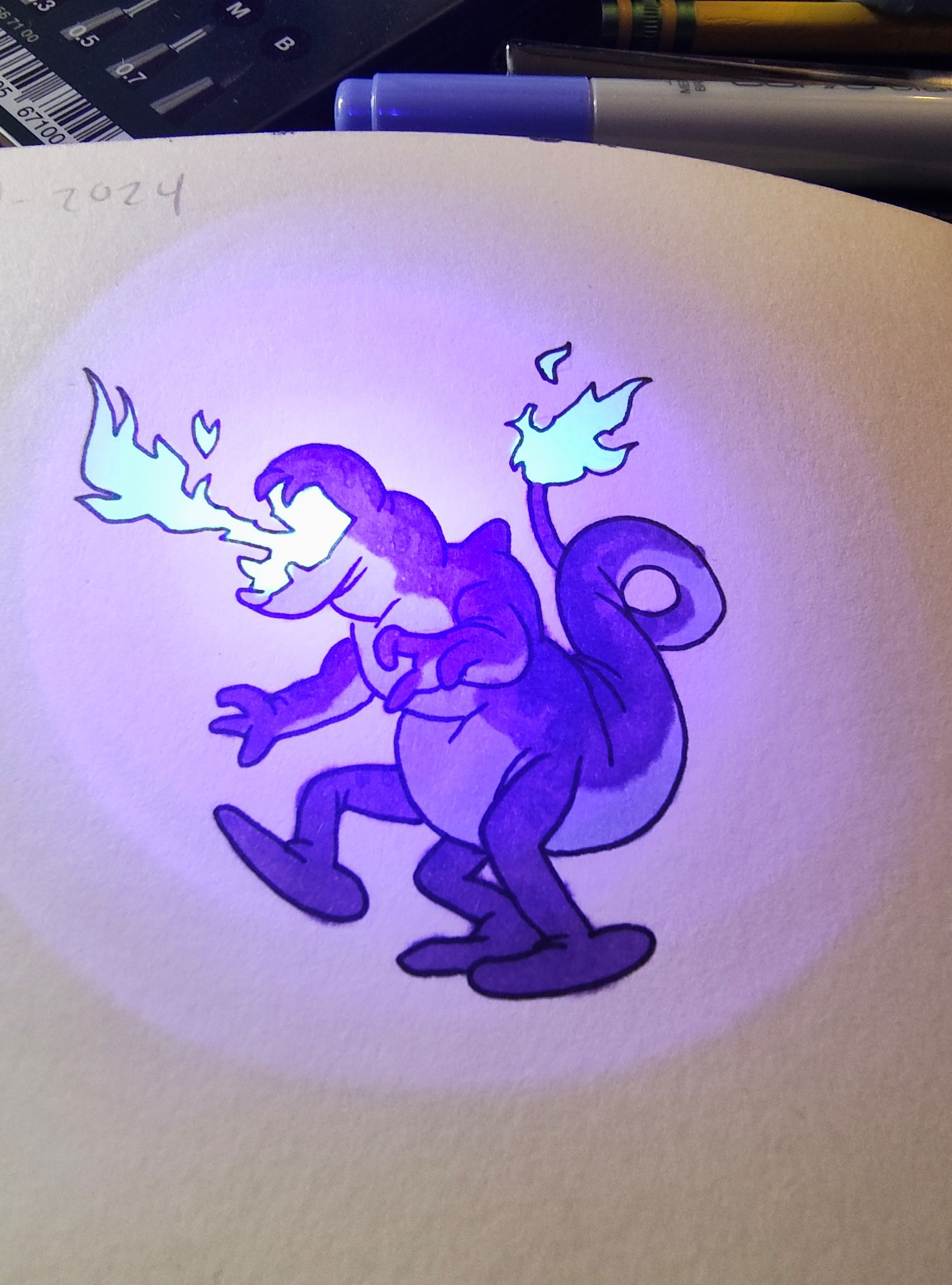 A three legged, two armed, eyeless purple lizard creature breathing blue flames with blue fire on the tip of its tail as well.