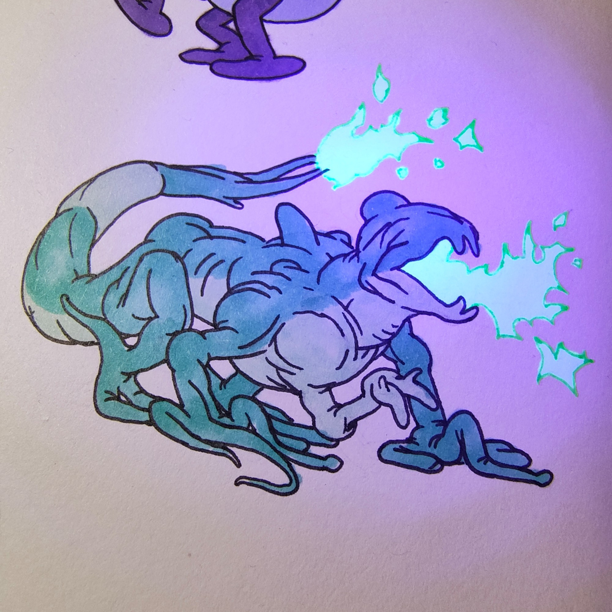 A four legged green lizard creature with an additional arm on its chest, breathing green-blue fire, with more flames on the tip of its tail.