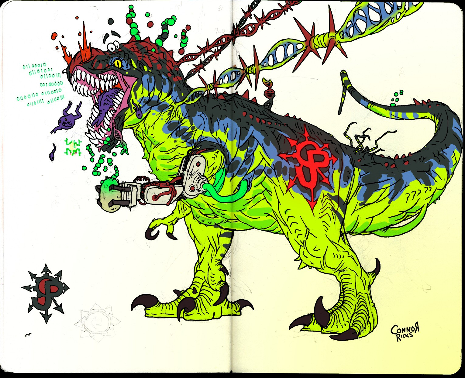 A nightmarish tyrannosaur strides, with double helix chains trying to restrain it, bonded to its skin. It is yellow with blue and black stripes along its back and red markings upon it's head. A second set of cartoonish eyes float above its head while flames shoot from its nostrils. Tadpoles and a frog leap out from its fanged maw, along with binary code (01100010 01101001 01100111 00100000 01100110 01110010 01101111 01100111). One of the demon dinosaur's appendages is a mechanical arm holding an egg. Mosquito limbs sprout from the base of its tail. Upon its hip is a eight-sided star sigil mixed with the letters 'J' and 'P' that is faintly glowing red. In the lower left is another version of this symbol.