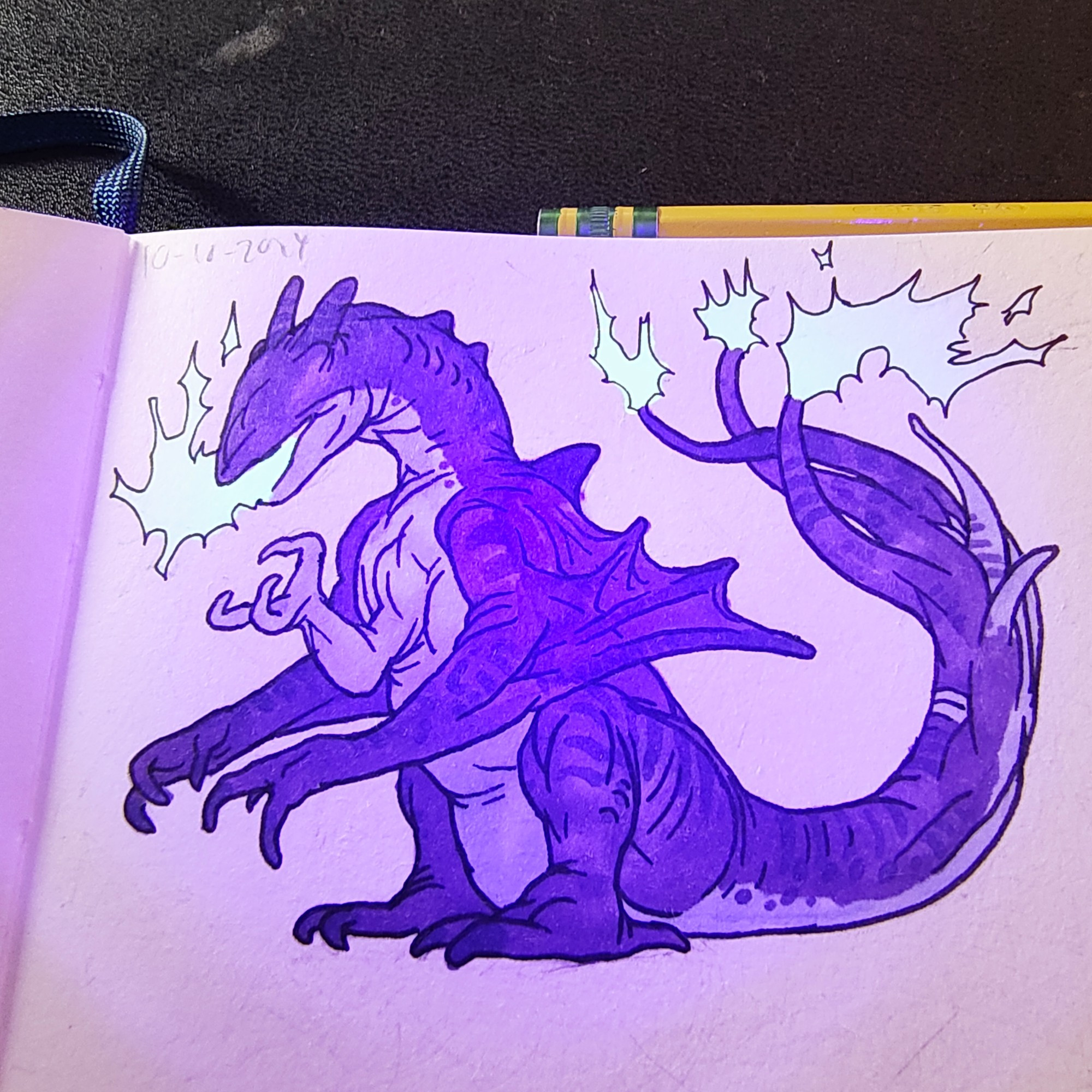 An eyeless purple dragon creature sitting on its haunches whilst breathing blue fire, with two winged forelimbs and one additional limb clutching upwards, and possessing a tail that possesses multiple branching tips, three of which emit blue flames.