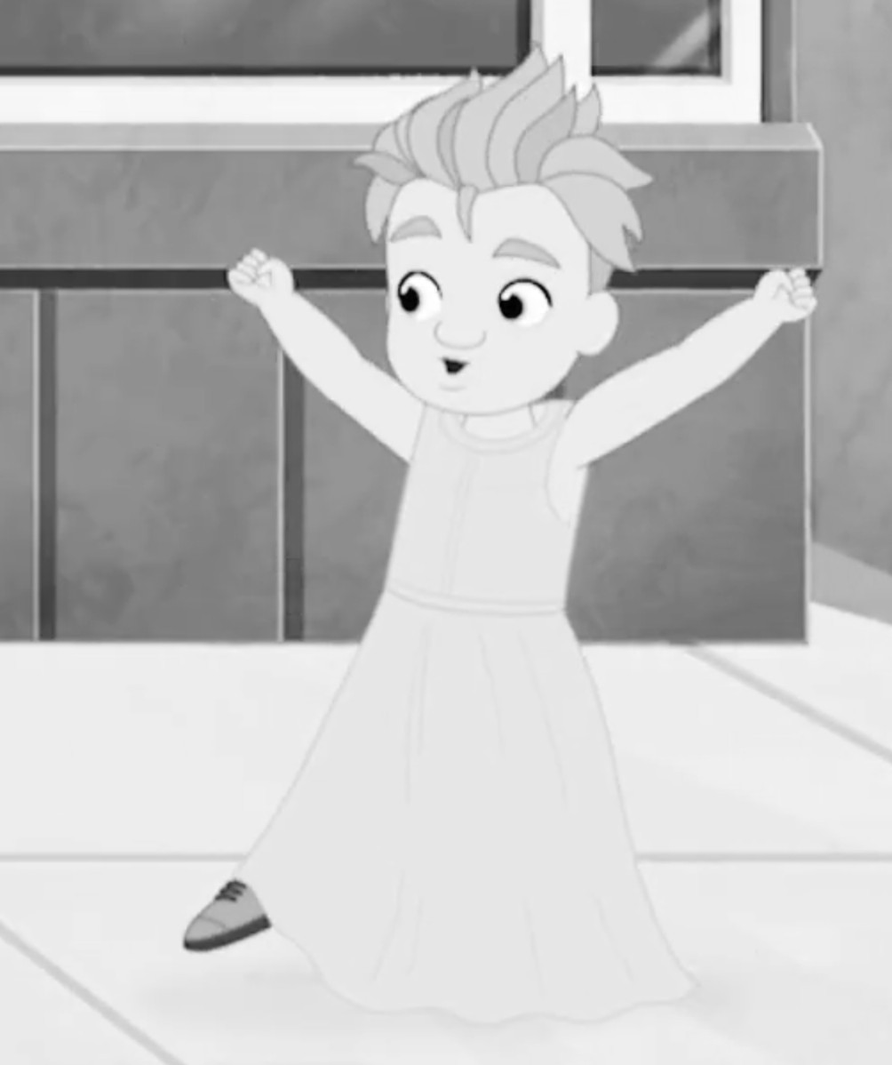 Screenshot from the banned Alma's Way episode "Say I Guess to the Dress," featuring the character Lucas wearing a dress. It's in black and white because the Youtube upload of the episode was in black and white, probably to avoid PBS copyright striking the upload