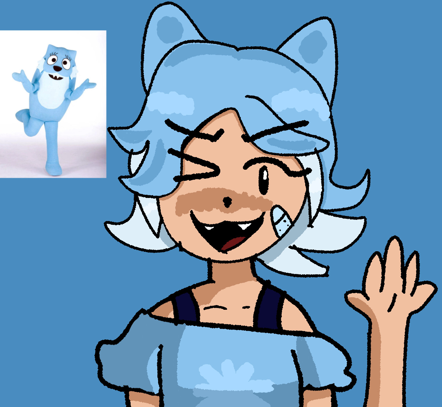 A humanized fanart of Toodee from Yo Gabba Gabba, who is portrayed with blue hair and cat ears