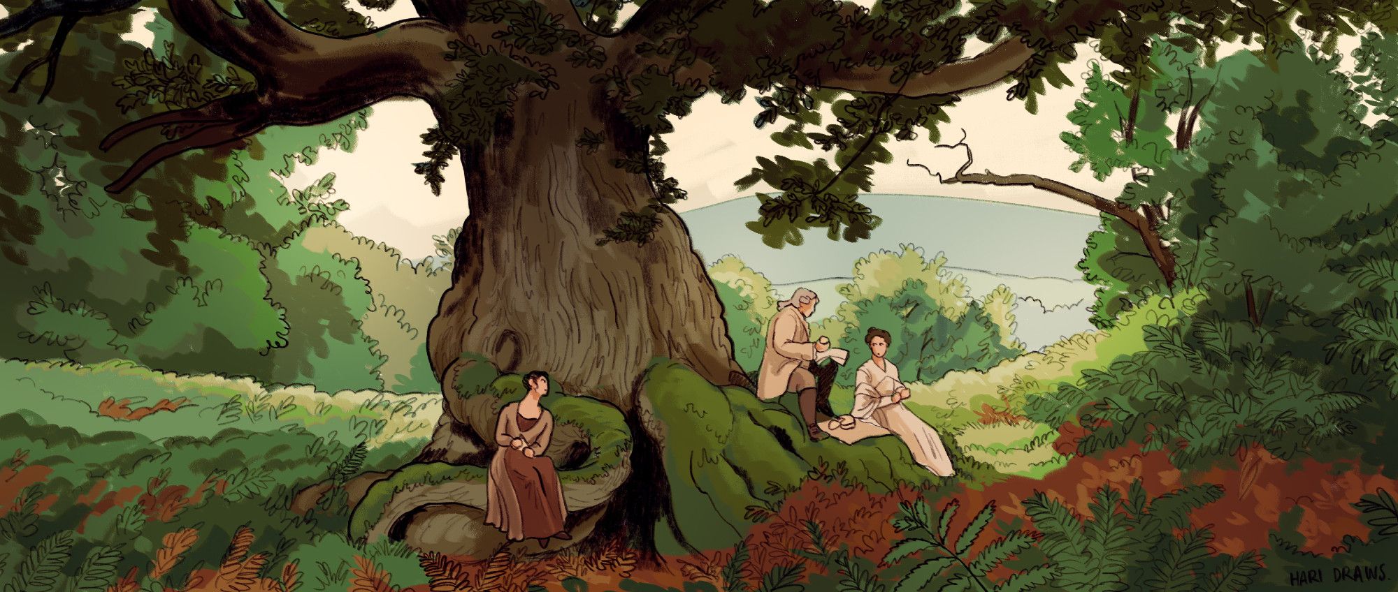 illustration of a scene from the 2005 film adaptation of Pride & Prejudice where there is a REALLY good huge gnarled tree with big mossy roots