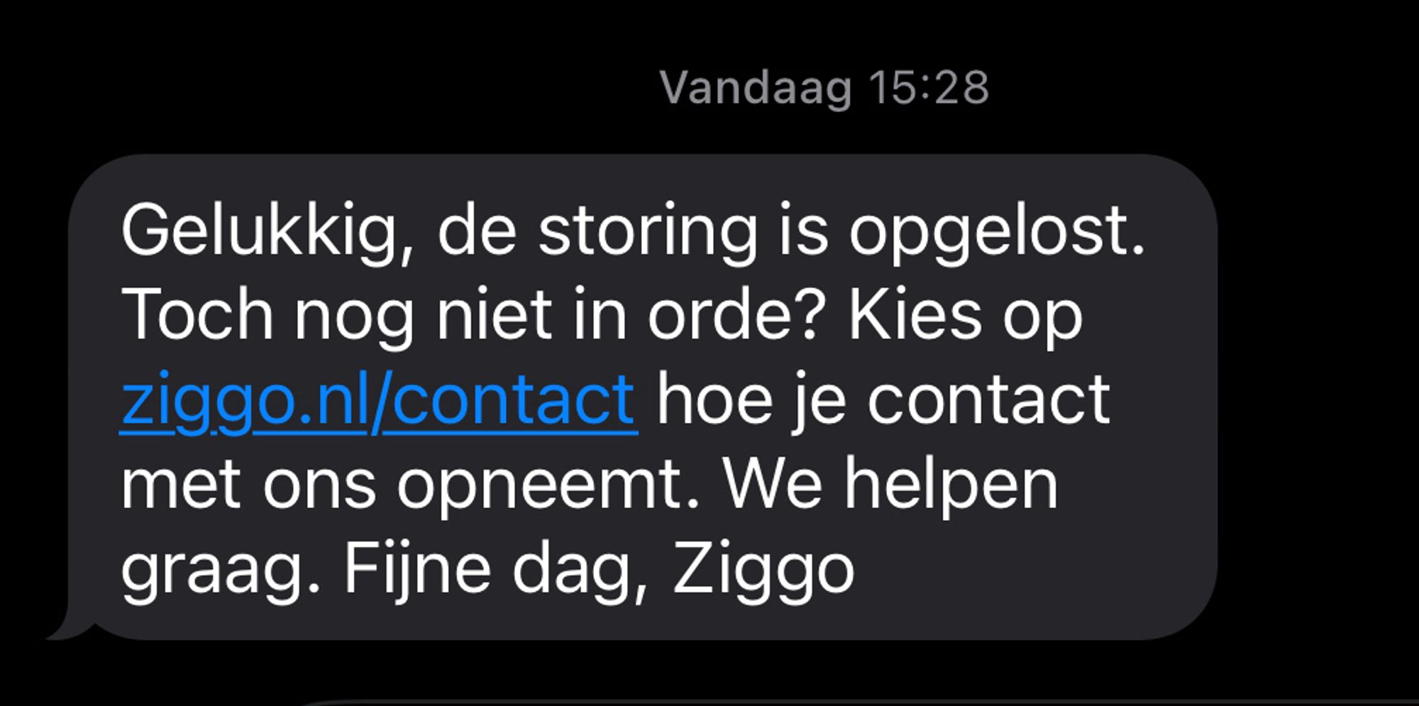 Een smsje van Ziggo met daarin de boodschap dat de internetstoring op dag 4 is verholpen.