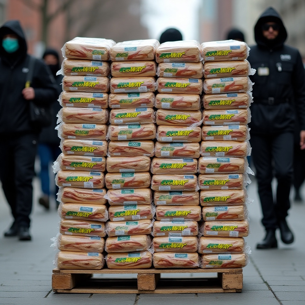 a pallet of Subway footlong sandwiches 