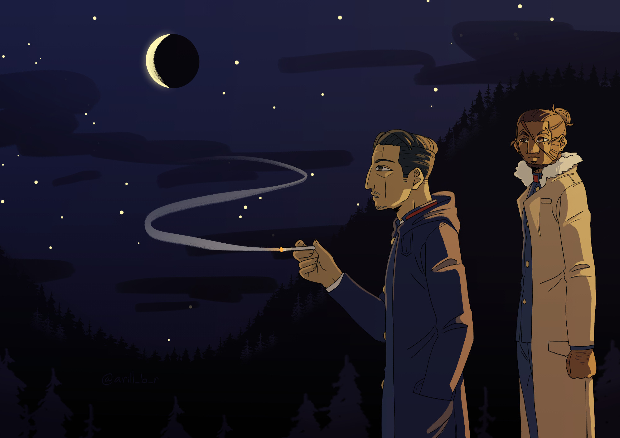 Digital drawing of Kikuta and Ipopte from Golden Kamuy. They're standing outside, with nightime mountains in the background. Kikuta is smoking, looking at the waning crescent moon in the sky, while Ipopte is looking at him. A warm light hits them both from behind, in contrast to the darkness of the night.