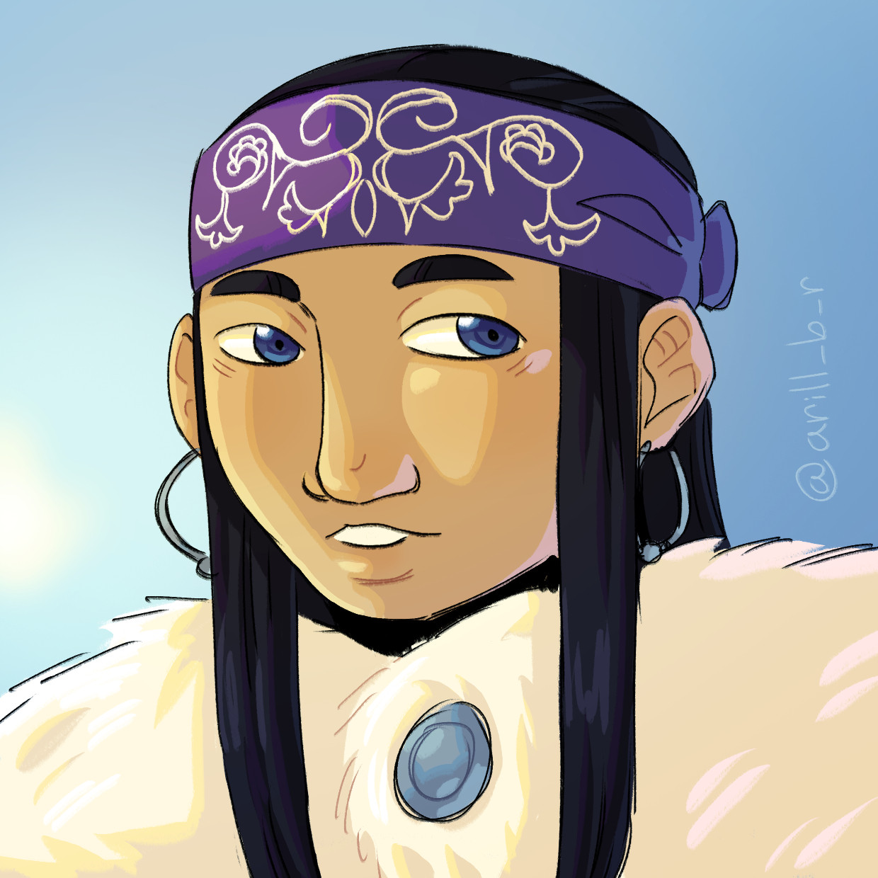 Digital drawing of Asirpa from Golden Kamuy. The drawing is from her shoulders up and she's wearing her fur cape. She has a resting expression and is looking to the side.