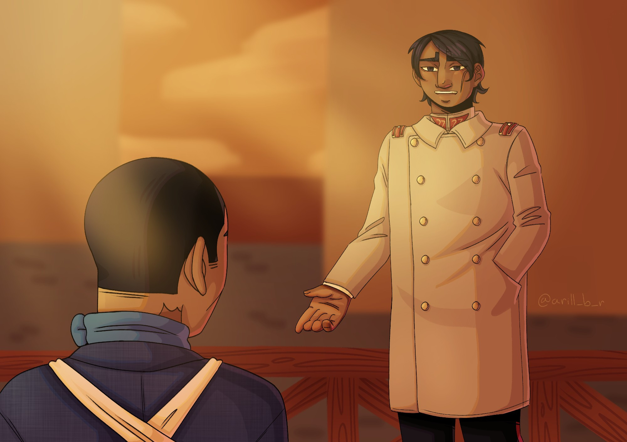 Digital drawing of Koito and Tsukishima from Golden Kamuy. Tsukishima is in the foreground, with his back to the viewer and looking at Koito, who is speaking and extending an arm to him. The scene is illuminated by the warm light of sunset.