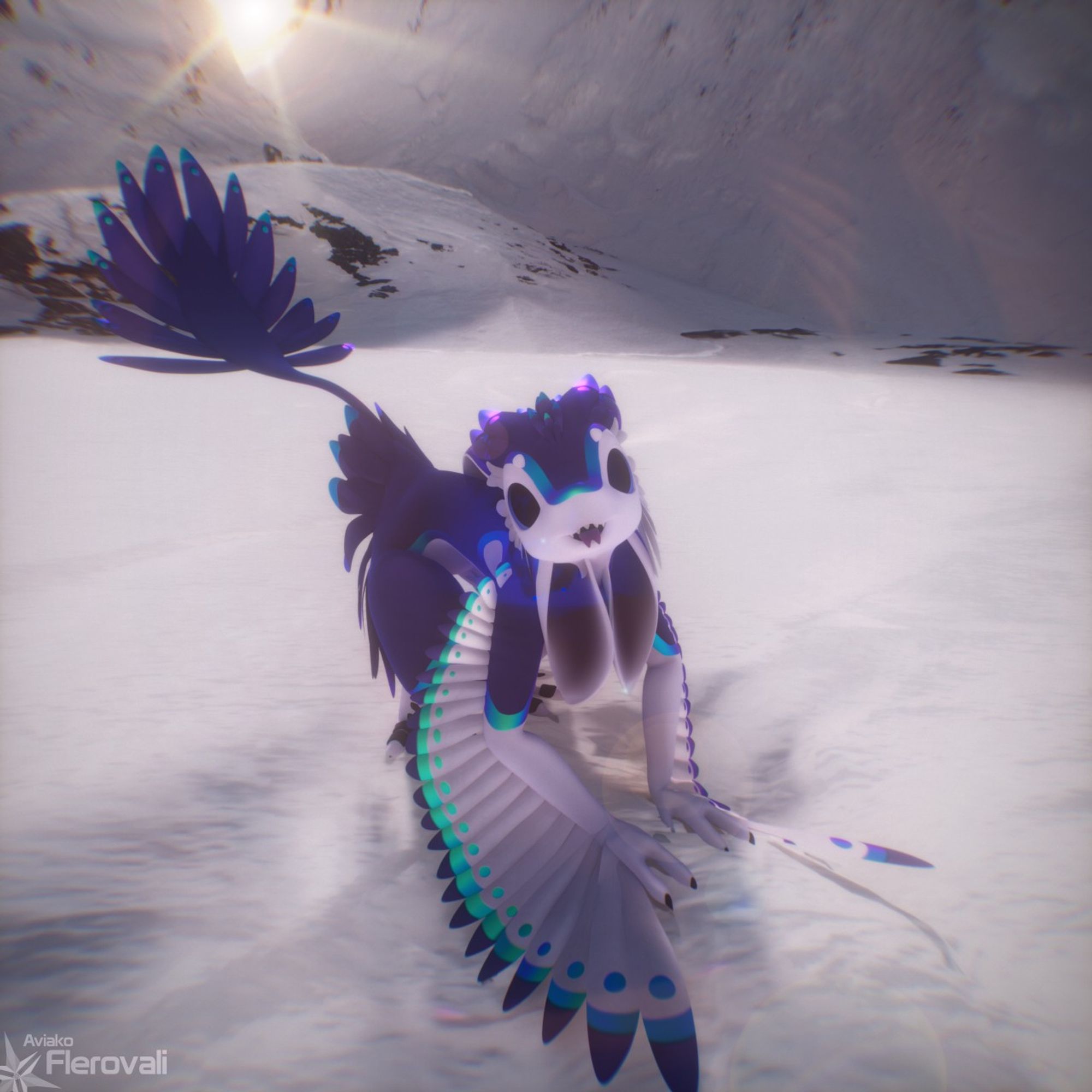 A cinematic render of an avali who is in a snowy environment and on all fours trying to look cute to receive head pats.