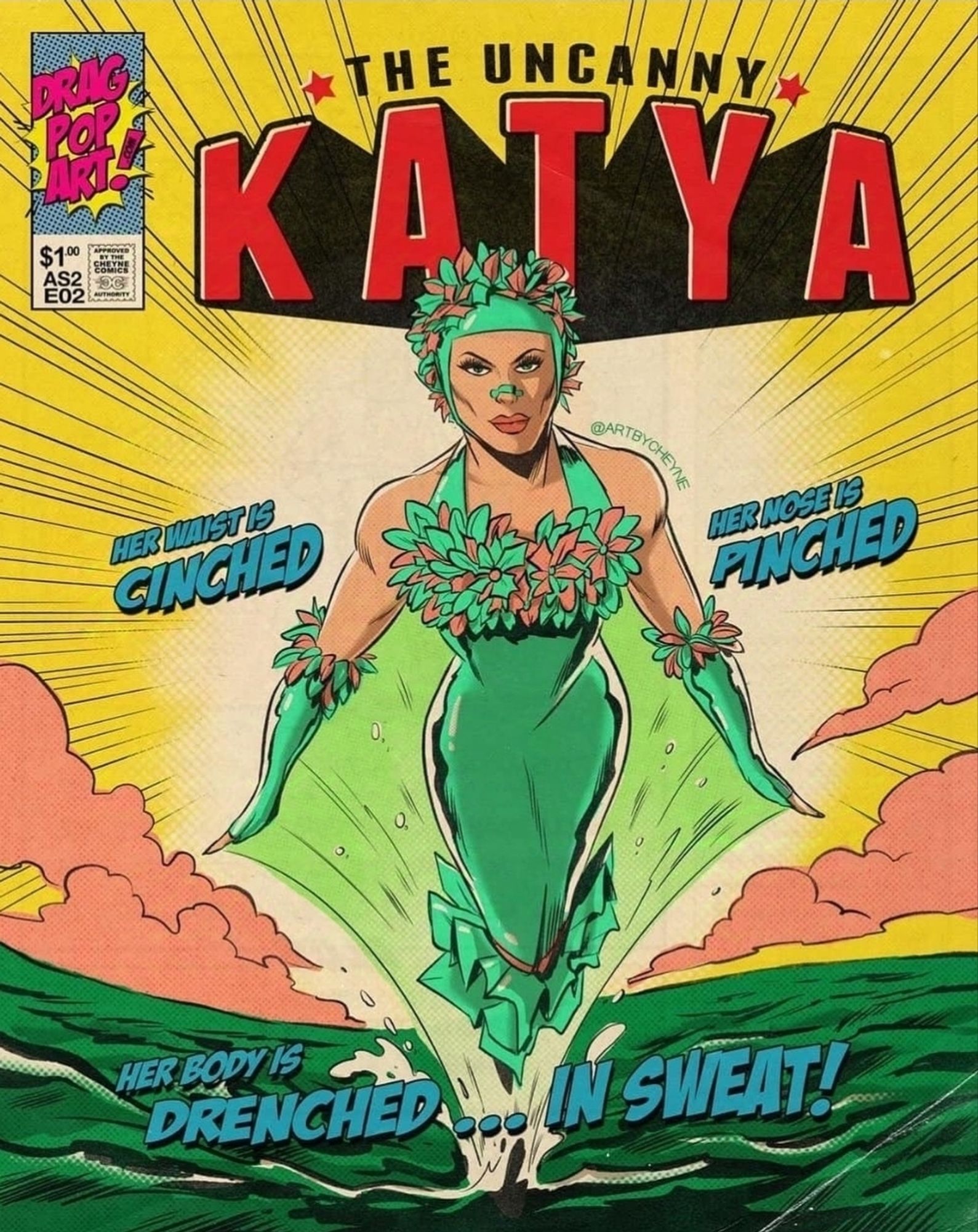 Ilustração de capa de revista em quadrinhos apresentando a drag queen Katya como uma heroína. Autoria: instagram.com/artbycheyne