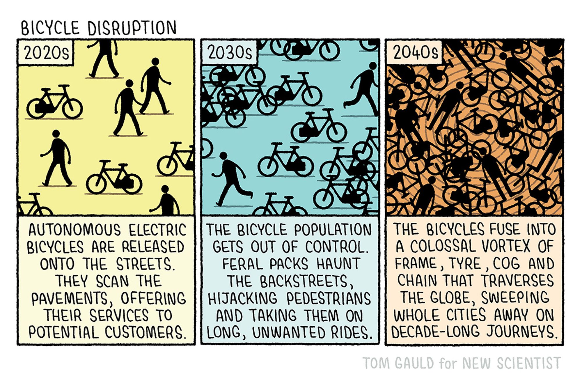 Title: Bicycle disruption.
2020s: Autonomous electric bicycles are released onto the streets. they scan the pavements, offering their services to potential customers.
2030s: The bicycle population fets out of control. Feral packs haunt the backstreets, hijacking pedestrians and tasking them on long, unwanted rides.
2040s: The bicycles fuse into a colossal vortex of frame, tyre, cog and chain that traverses the globe, sweeping whole cities away on decade-long journeys.