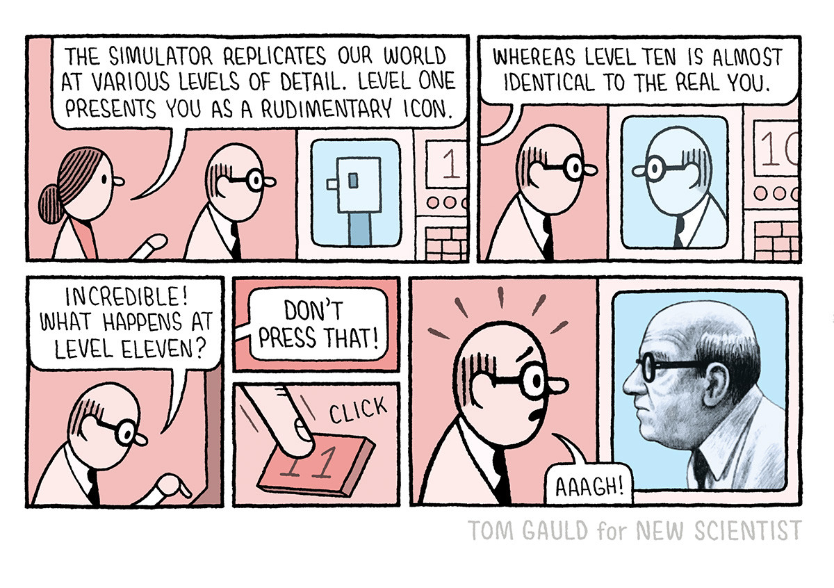 The female scientist says "The simulator can replicate our world at various levels of detail. Level one 
presents you as a rudimentary icon"  
The male scientist looks at the computer screen which shows a blocky image of a man.
She continues "Whereas level ten is almost identitical to the real you"
The image on the screen looks exactly like the male scientist (i.e. a simple cartoon).
"Incredible! What happens at level eleven" says the male scientist pressing a button.
"Don't press that!" she cries, too late.
"Aaagh!" he screams, terrified. The image of him on the screen is now more detailed/realistic than anything else in the whole cartoon.