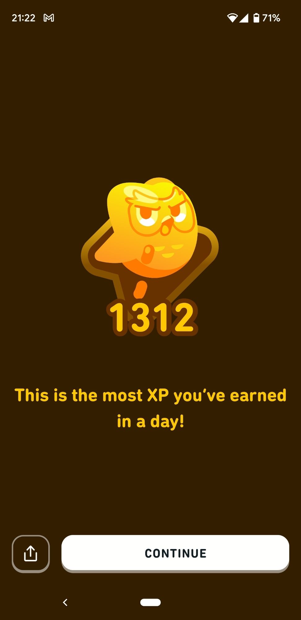 Screenshot from Duolingo saying I earned 1312 XP today.