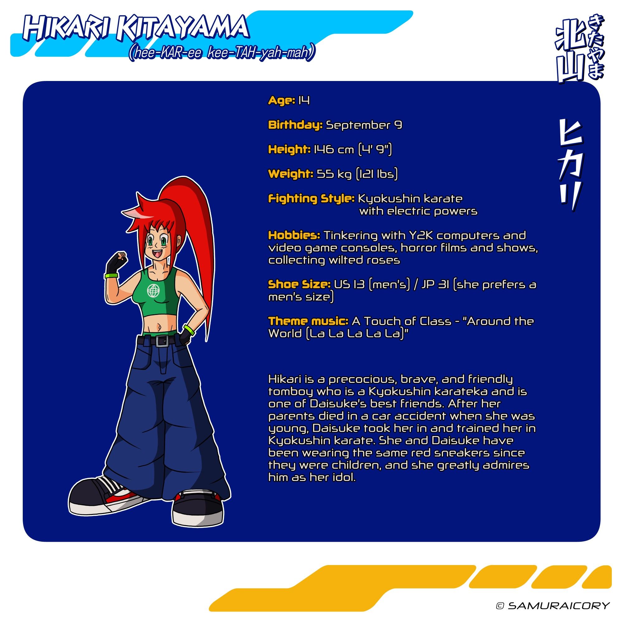 Here’s Hikari Kitayama, a 14-year-old red-haired brave, friendly, and precocious Japanese tomboyish girl who is a Kyokushin karateka with electric powers and a vintage tech genius who is one of Daisuke’s best friends. After losing her parents in a car accident when she was young, Daisuke took her in and trained her in Kyokushin karate.