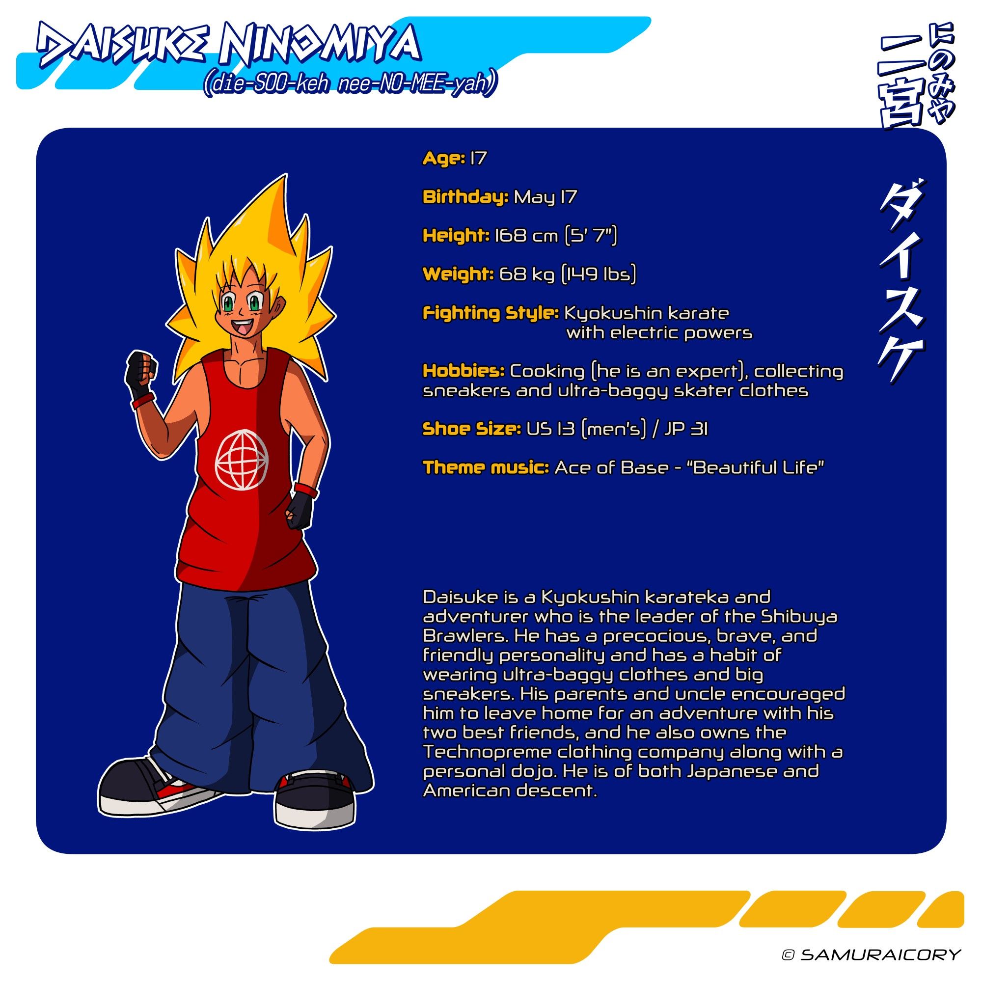 This is Daisuke Ninomiya, our main protagonist! He’s a 17-year-old Japanese American Kyokushin karateka and an adventurer who has electric powers. He is also the leader of the Shibuya Brawlers and has a brave, precocious, friendly personality, and is also a born leader who dislikes those who harm people in front of him.