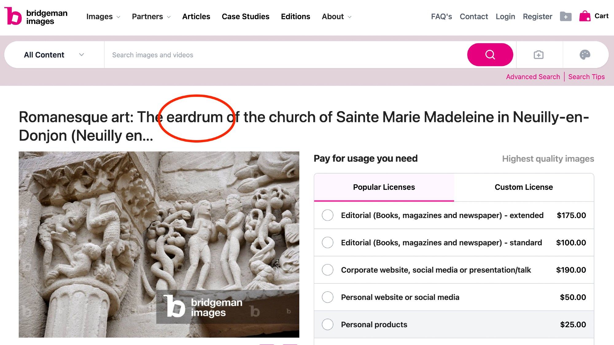 Screenshot of a Bridgeman Images page, which labels a sculpture as the Romanesque "eardrum" of the Church if Marie Madeleine in Neuilly-en-Donjon