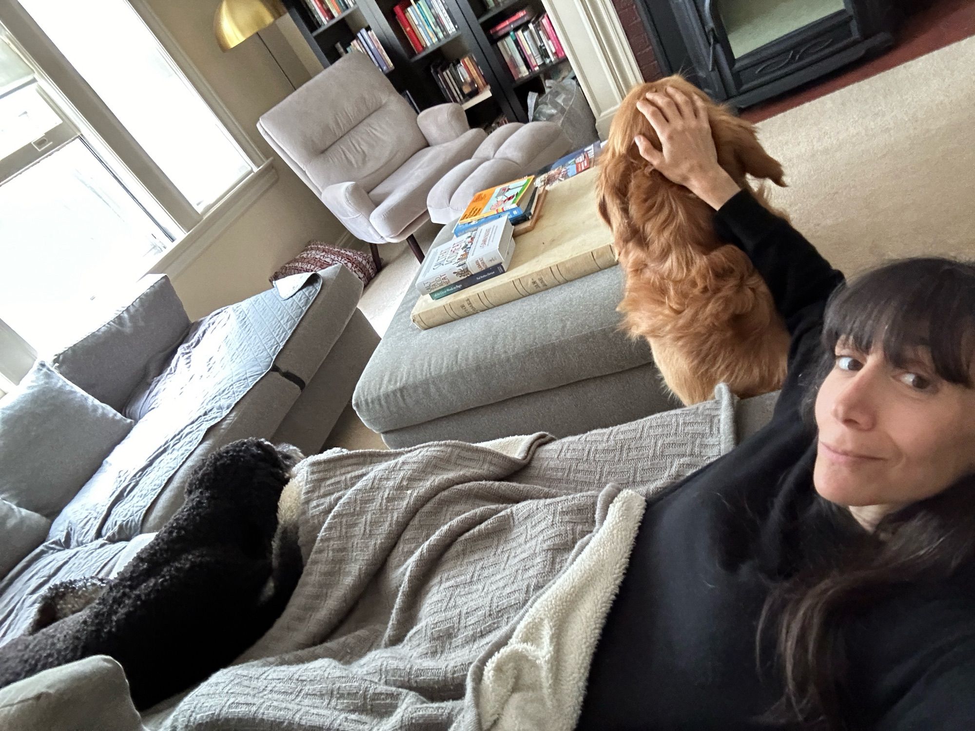 Selfie on the couch where my labradoodle is lying on my legs and the large golden retriever we’re babysitting over the weekend is on the floor by my head, and I’m rubbing his head.