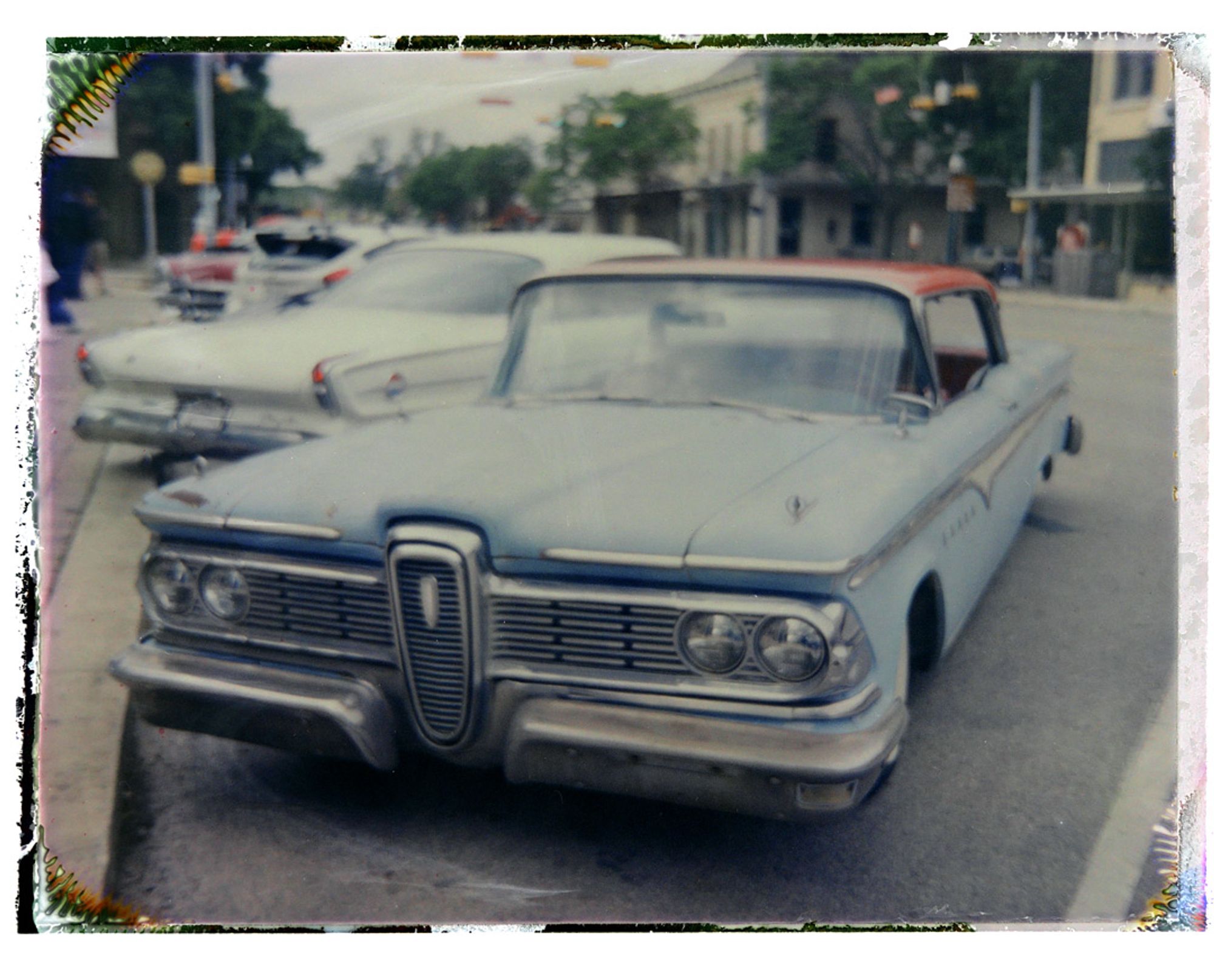 A color photo of a 1959 Edsel made from the reclaimed negative of a Fujifilm FP100c peel-apart print.