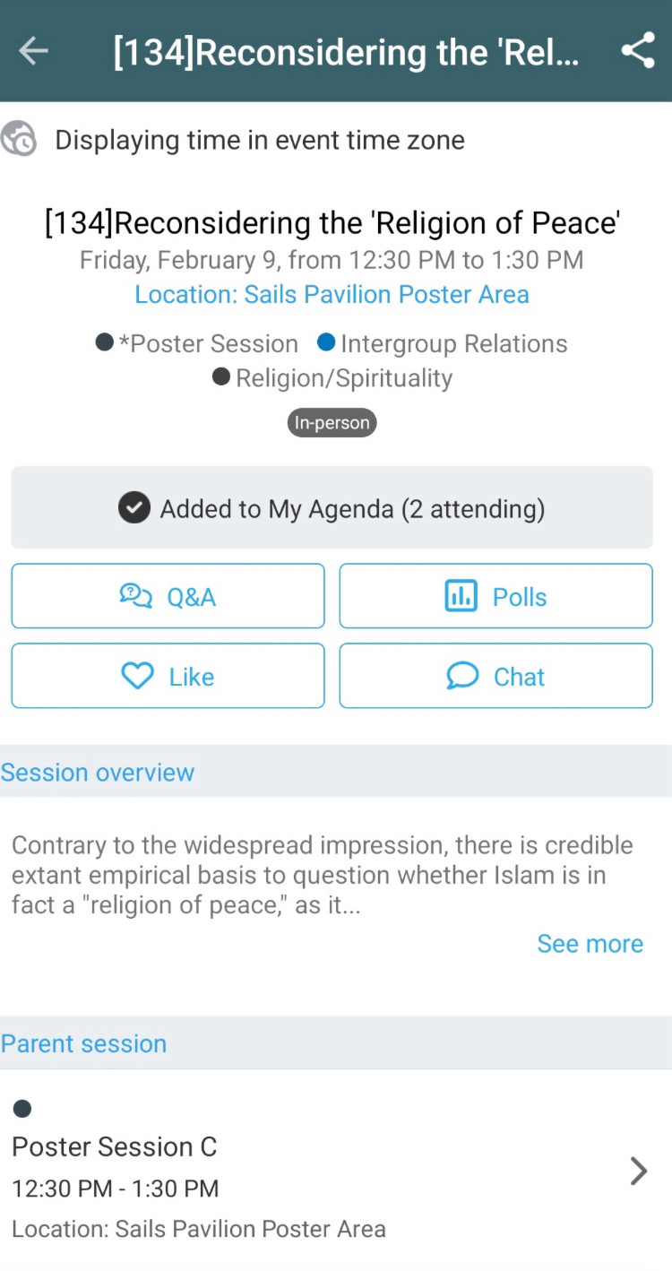 Screenshot of the SPSP convention app page showing the Islamophobic poster in question, titled “Reconsidering the ‘Religion of Peace’”