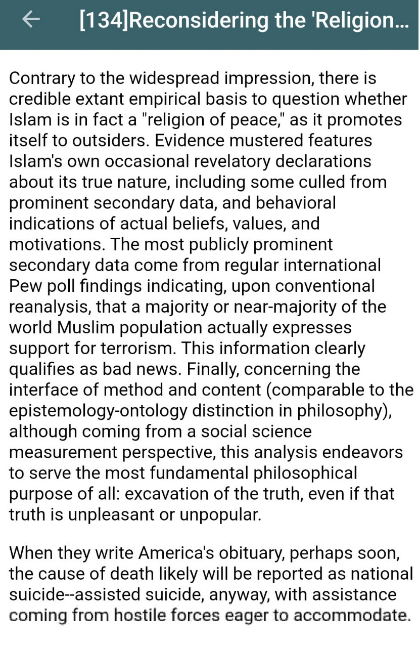 Abstract of the poster in question, claiming that “re-analysis” of secondary data, including from the Pew Research Centre, suggest most Muslims support terrorism (reader note: the Pew survey found the opposite, overwhelmingly). The abstract itself does not at all try to describe the analysis done to completely reverse the trend in question, and is mostly an Islamophobic rant. The final paragraph suggests that American is destroying itself