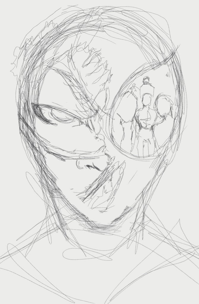 Very rough sketch of Miles Morales with his mask torn off and a reflection of people on the lens of his torn off mask.