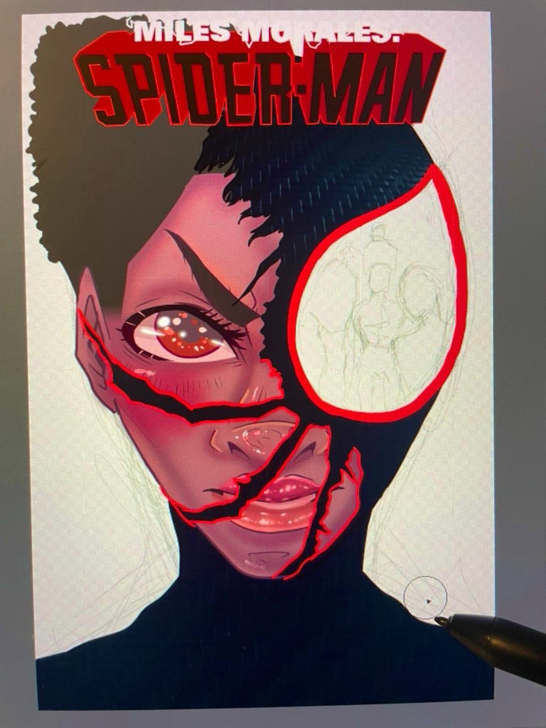 Miles Morales Spider-Man font in black, red and white with glitches eating half the writing. Big bust drawing of Miles with his mask half torn and Miles glaring at the camera with determination. Unfinished but colored.