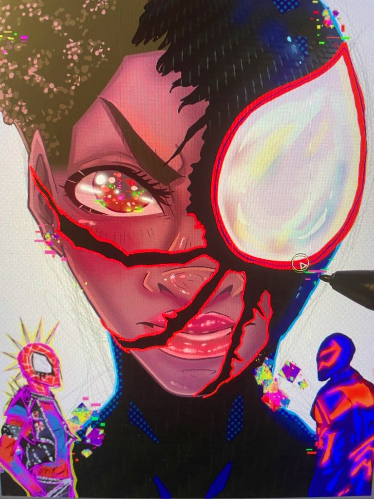 Miles Morales Spider-Man font in black, red and white with glitches eating half the writing. Big bust drawing of Miles with his mask half torn and Miles glaring at the camera with determination. Spider-Punk and Spider-Man 2099 facing off against each other in the foreground. Unfinished but colored.