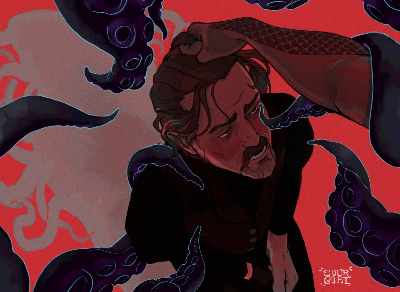 Illustration of OFMD Izzy Hands
Izzy Hands kneeling in front of his captain.
A hand is gripping his hair while tentacles surround him. 