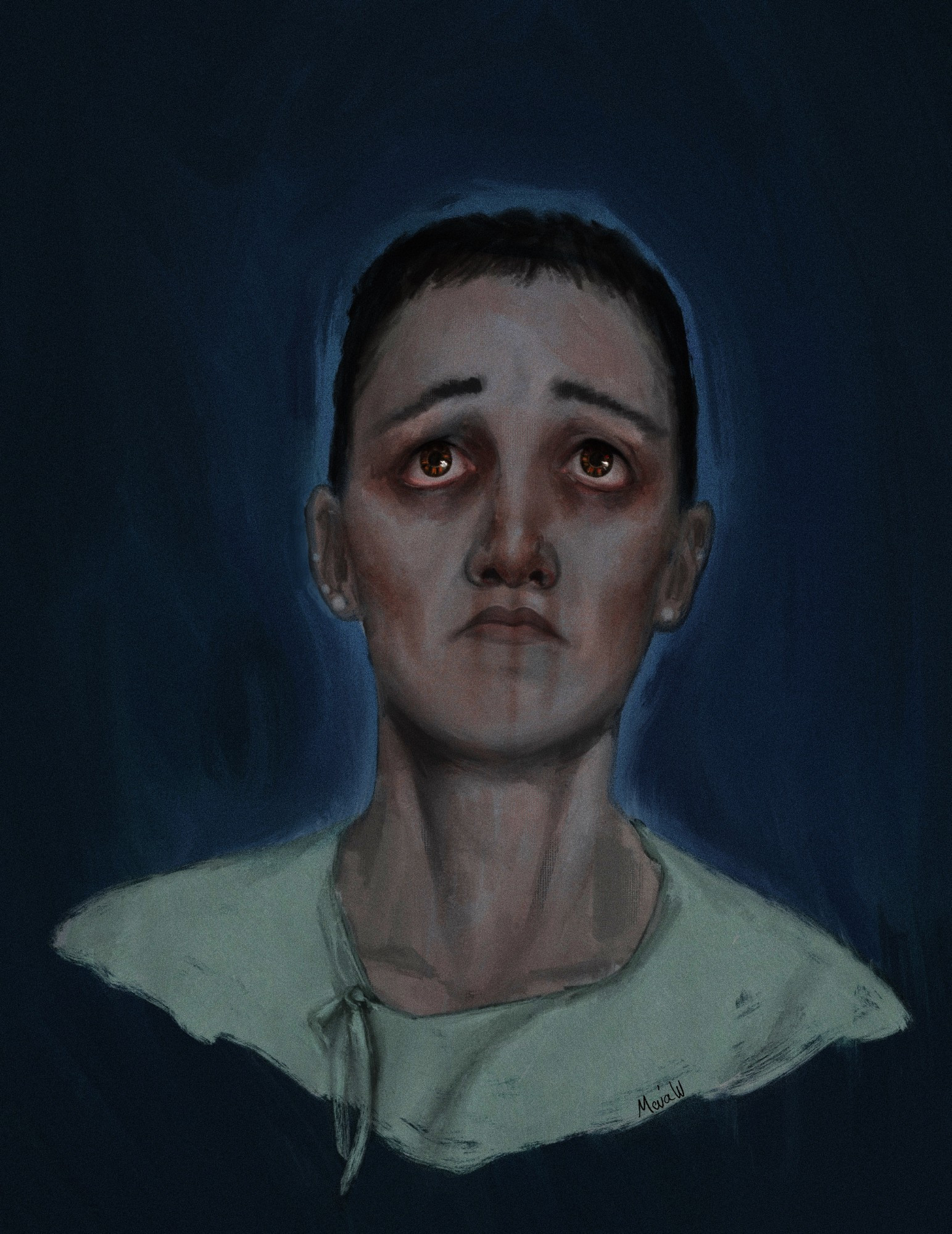 A digital portrait painting of Harrowhark from the shoulders-up. She is wearing a mint-green hospital gown and looking slightly upward with a concerned expression. Her eyes are dark brown with gold flecks. She has faint skull paint on her face, messy and painted in blood. 