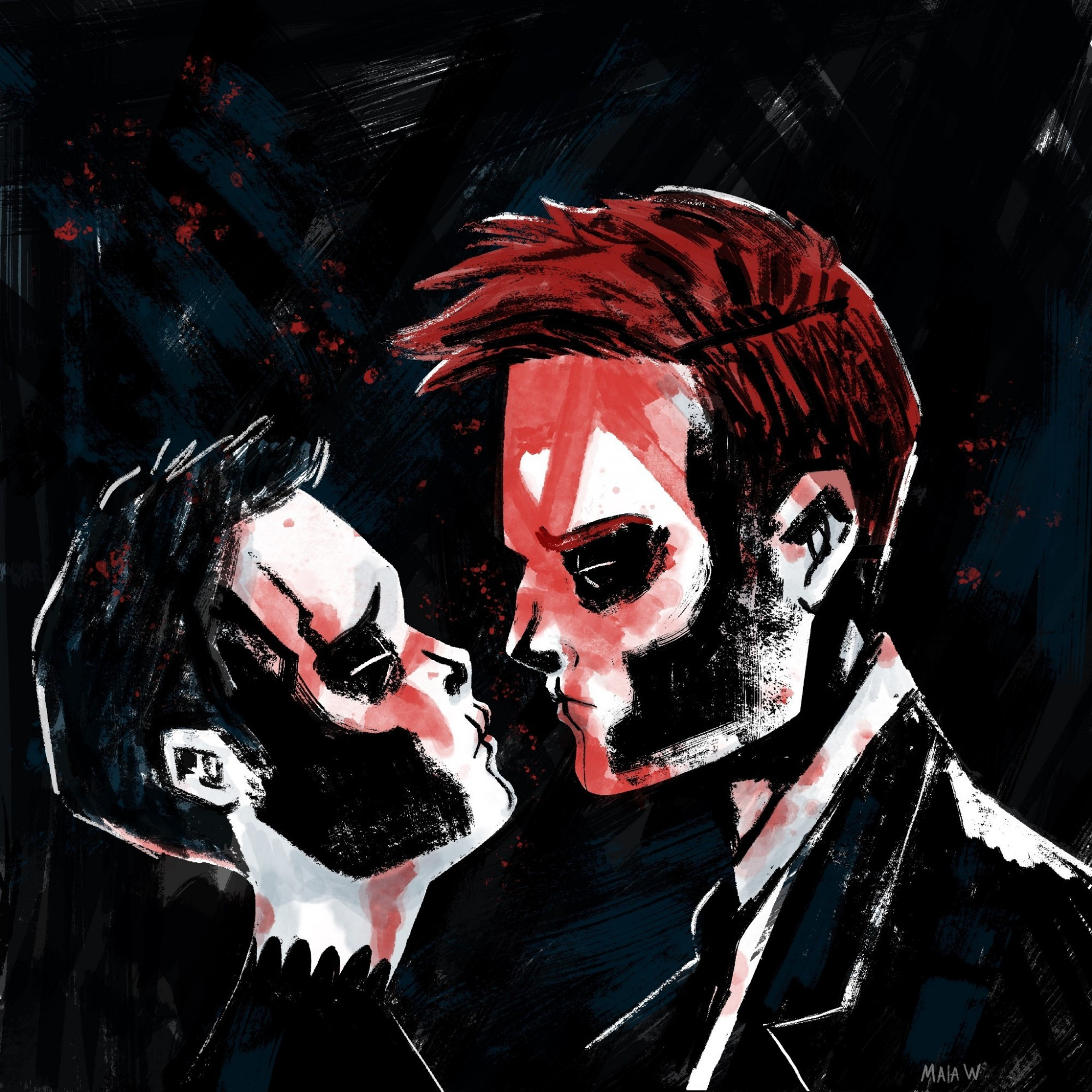 A drawing of Gideon and Harrow with their skull face paint on, in the style and composition of My Chemical Romance's Three Cheers for Sweet Revenge album cover.