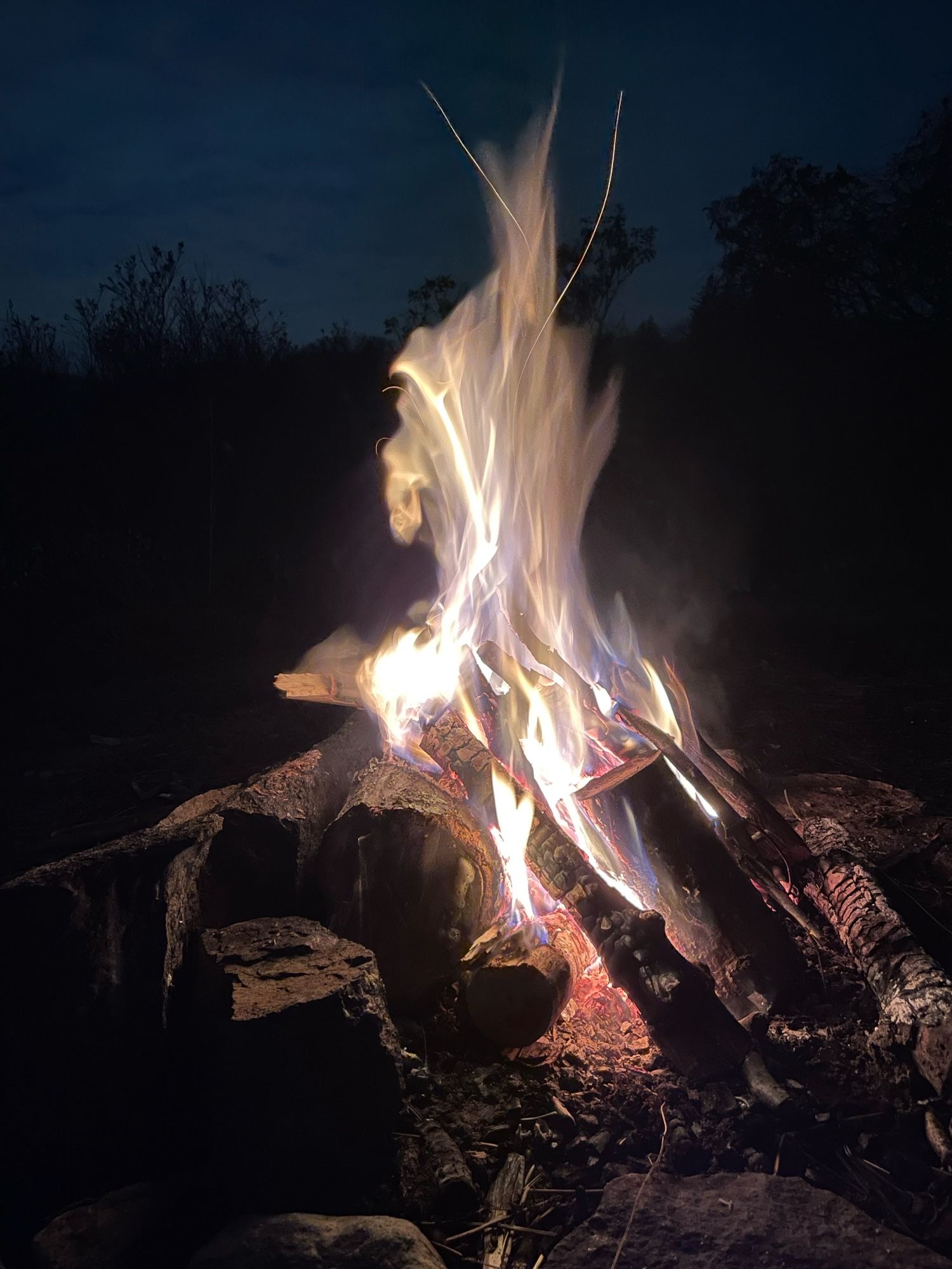 A long exposure picture of a campfire. There appears to be a woman’s face looking sideways out of the flames.