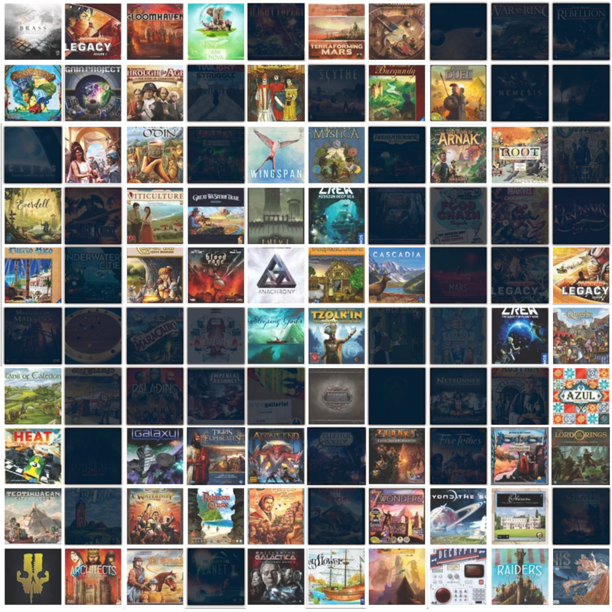 A graphic showing the BGG top 100 games, with my unplayed ones blacked out.