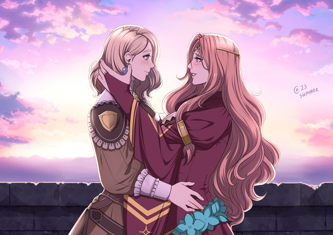 Mercedes and Cornelia being wifies with each other in the style of a Three Houses S Rank end card.