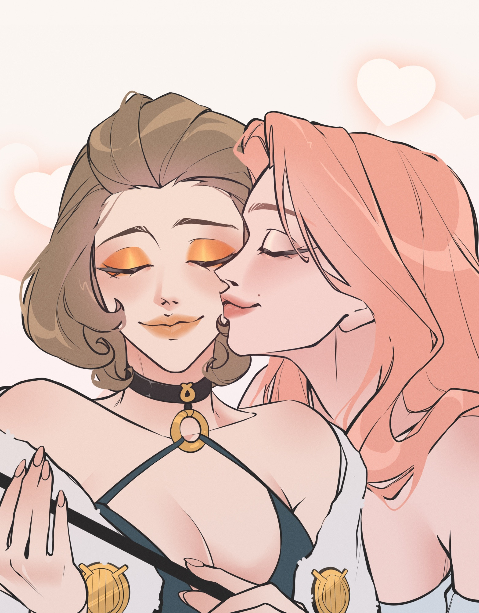 Drawing of Cornelia leaning over Manuela’s shoulder and smooching her on the cheek. Both of them have their eyes closed in joy.

Artist: https://x.com/basicpinkbb_