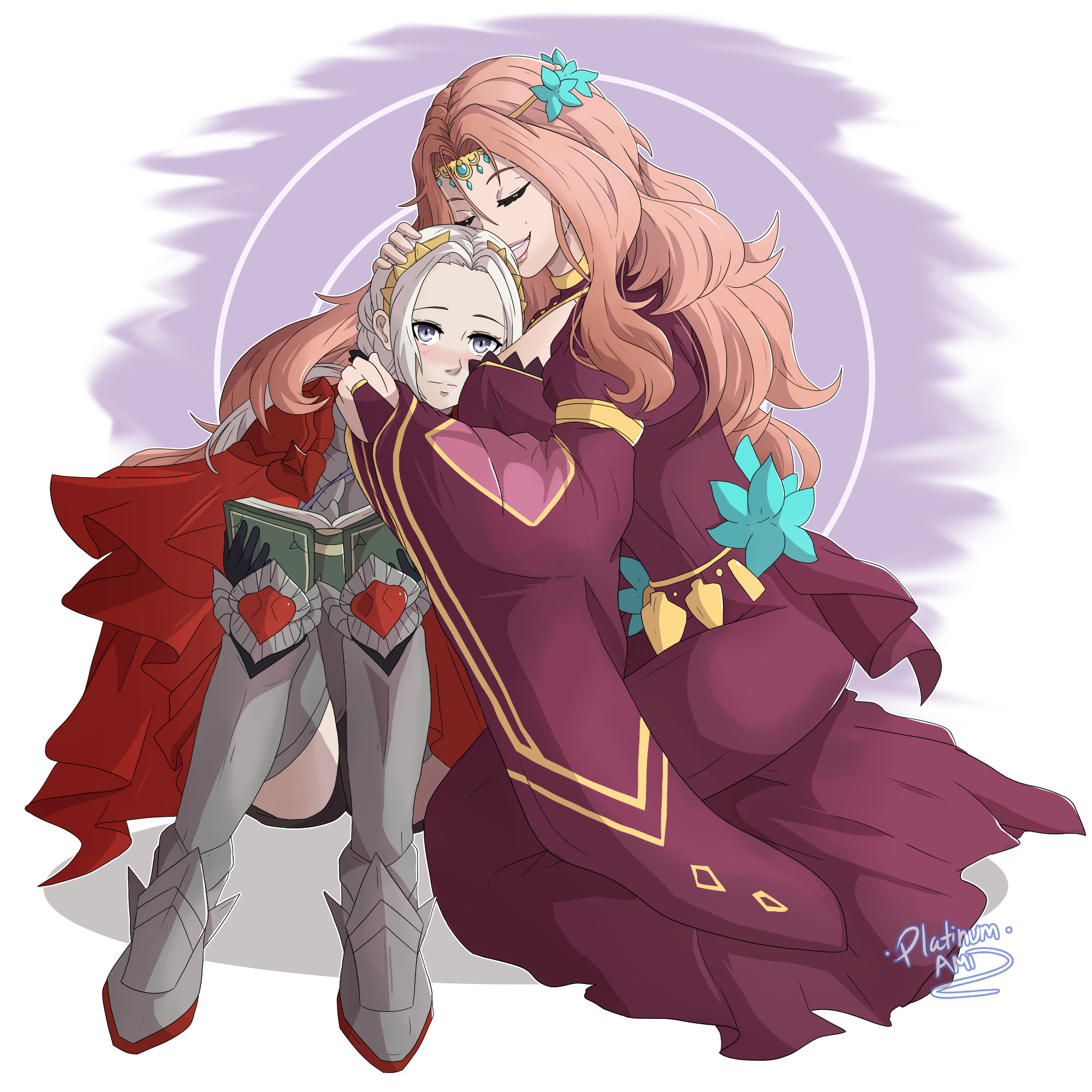 Edelgard sitting on the ground holding a book with an embarassed and surprised expression as she is being given a surprise chest hug from Cornelia.