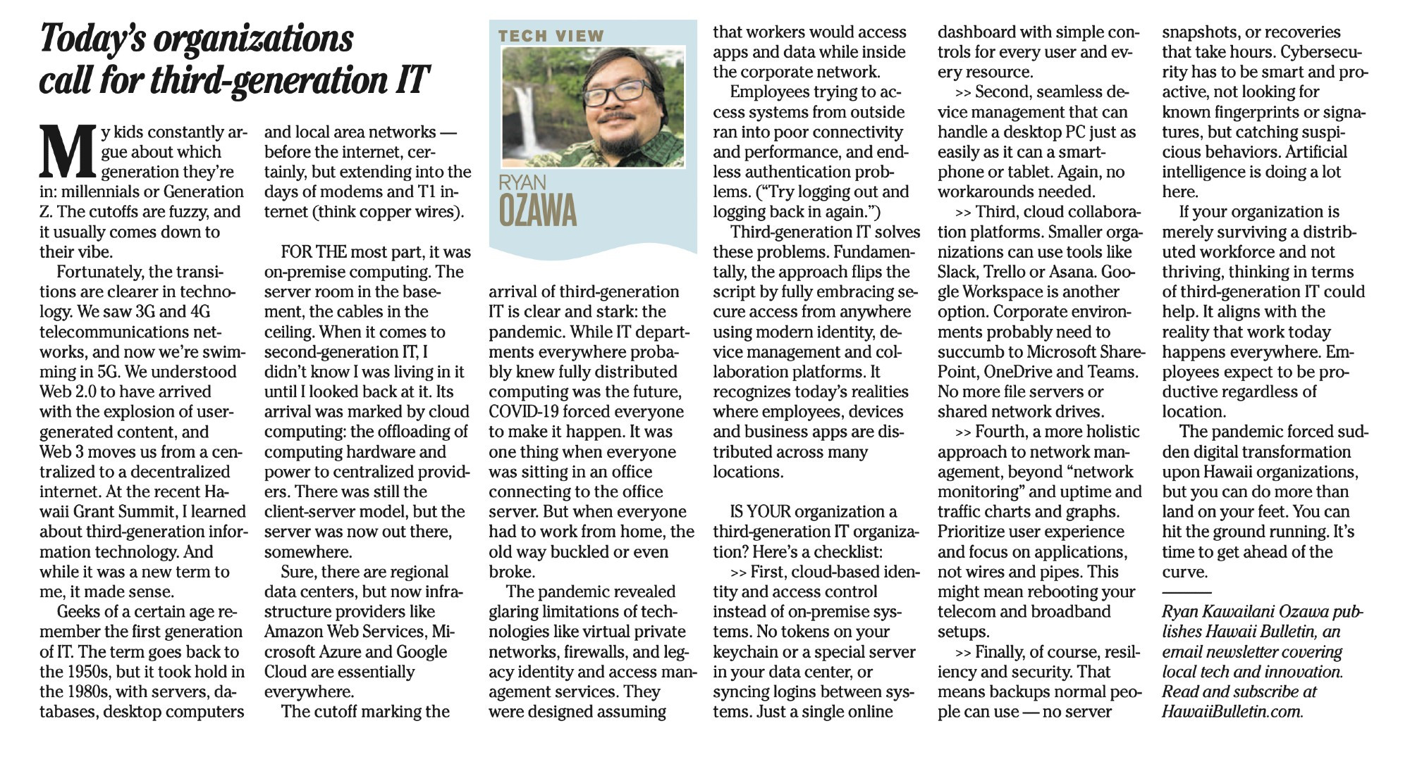 Screenshot of the print article, "Today's organizations call for third-generation IT," from the Honolulu Star-Advertiser.