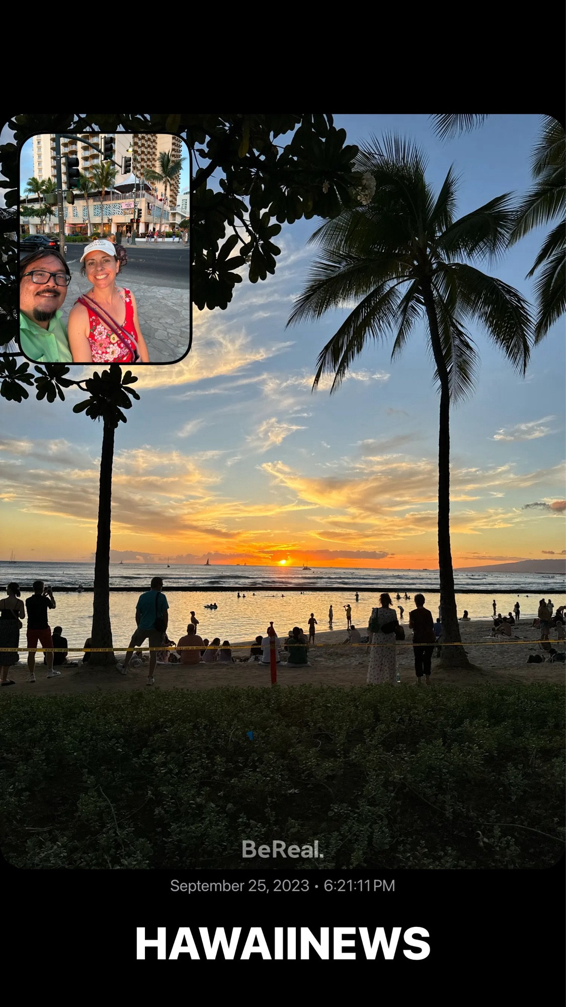 BeReal app photo of a golden sunset off Waikīkī Beach with an inset front-facing camera photo of my girlfriend and I smiling.