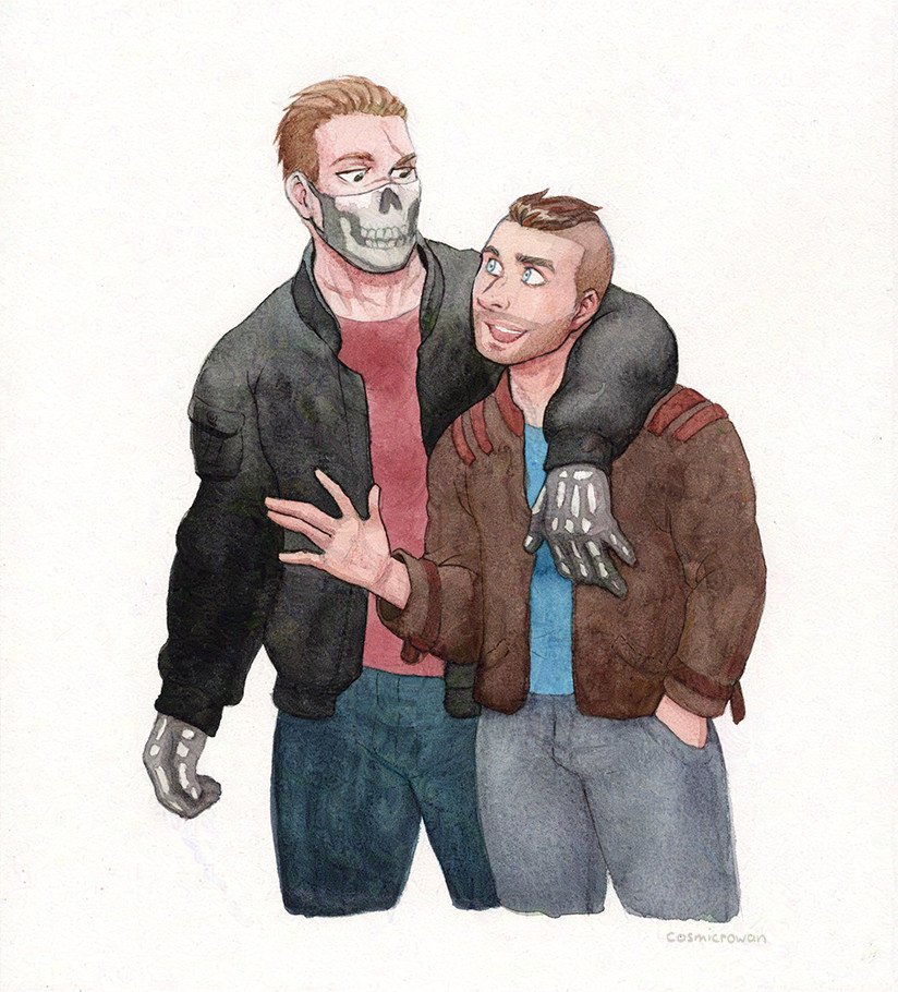 Watercolor painting of Soap and Ghost from Call of Duty wearing civvies and walking side by side, with Ghost arm slung over Johnny's shoulder while Johnny is telling him a story while gesticulating with his hand.