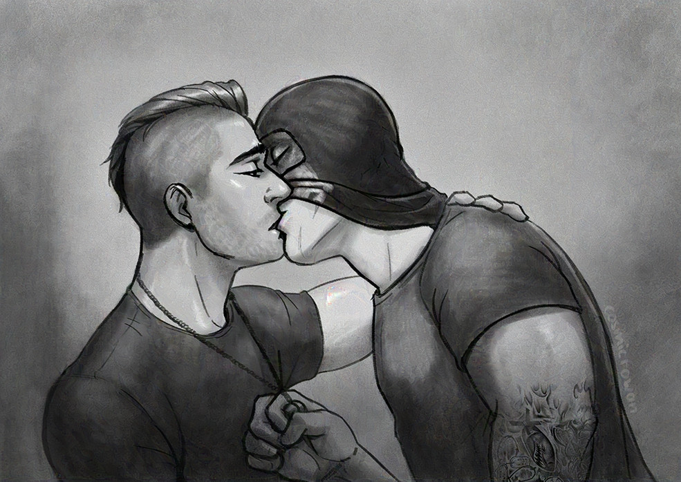 digital black and white painting of Soap and Ghost from Modern Warfare 2 kissing