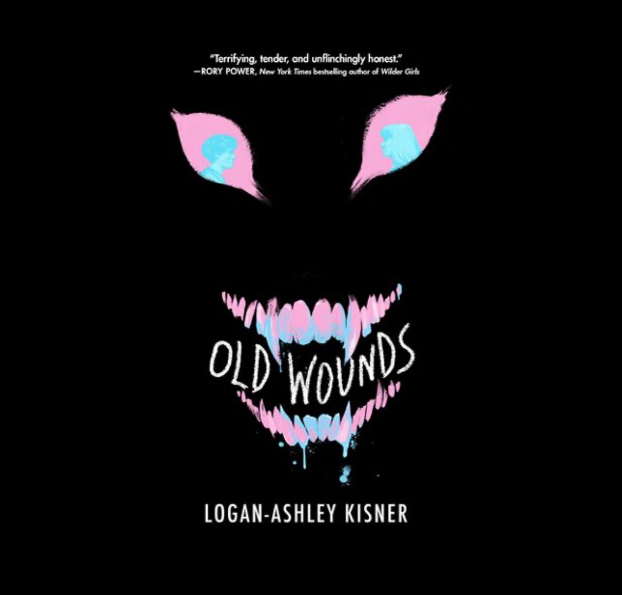 Audiobook cover of "Old Wounds" by Logan-Ashley Kisner. It's black with a creepy face on it in pink and blue; it has fangs and it's drooling.