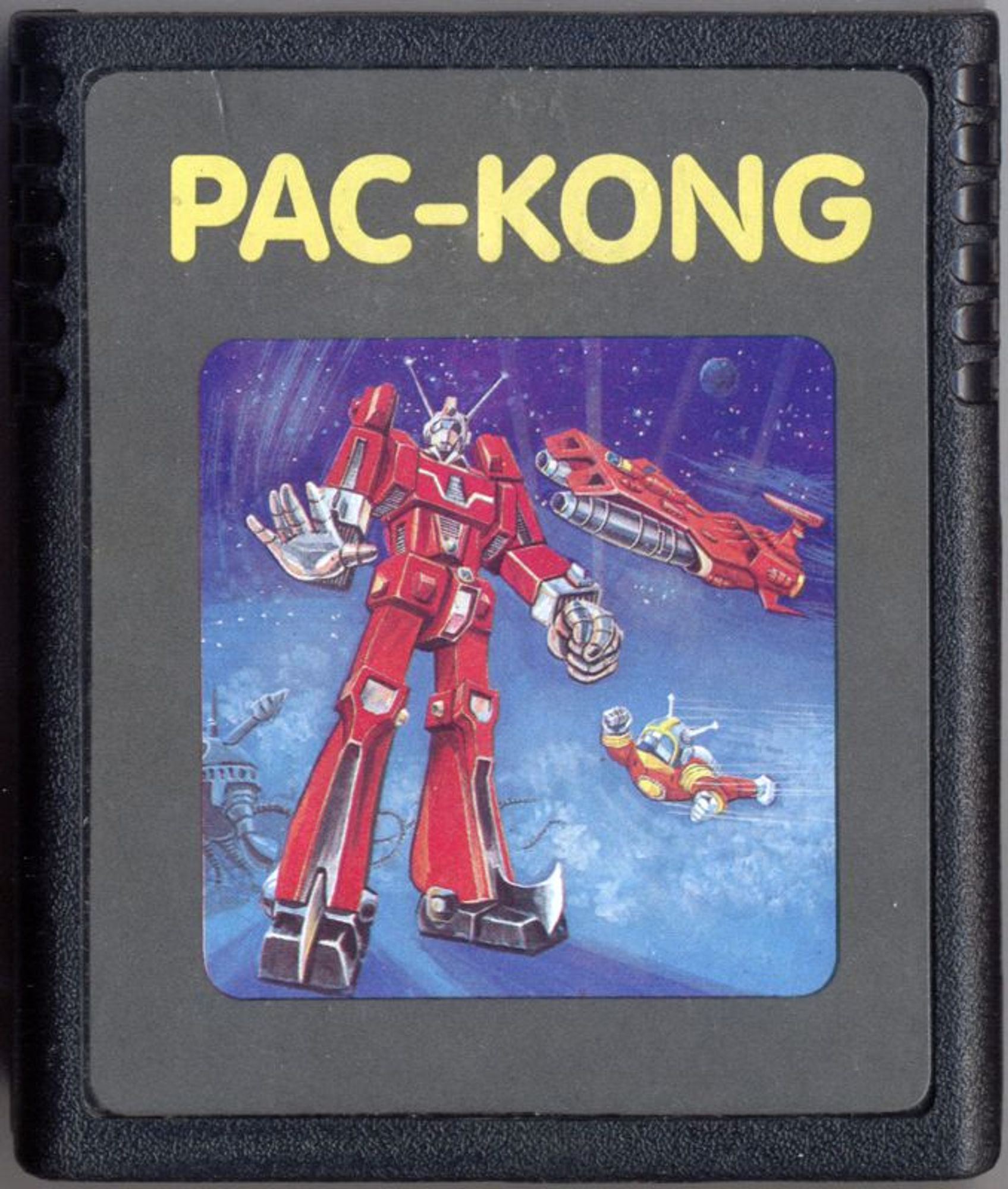 Cartridge label for the PAL-only "Pac-Kong", which features Ideon in the artwork.