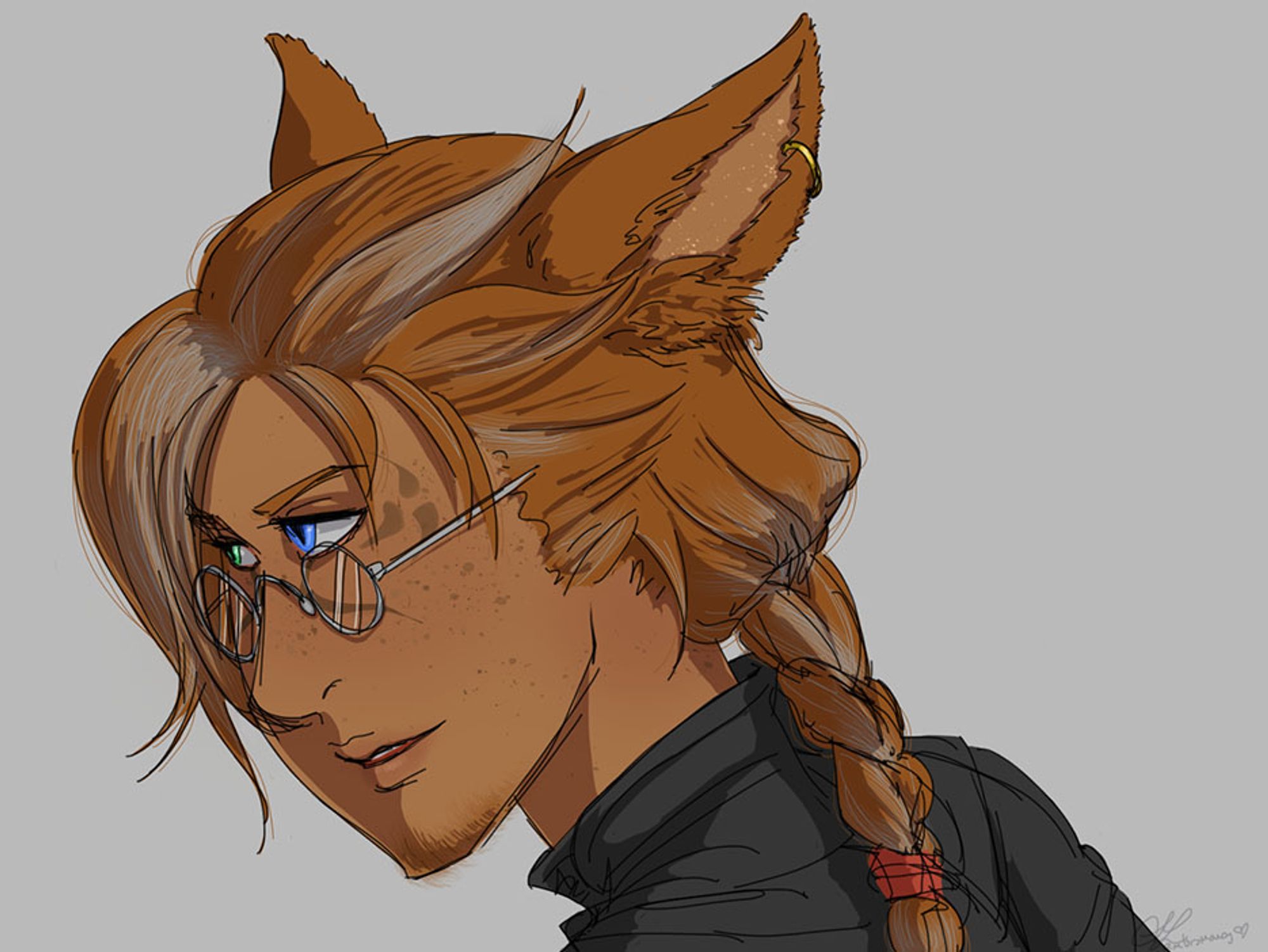 A digital drawing of a miqo'te man in black with red braided hair and glasses. He has freckles inside his ears.