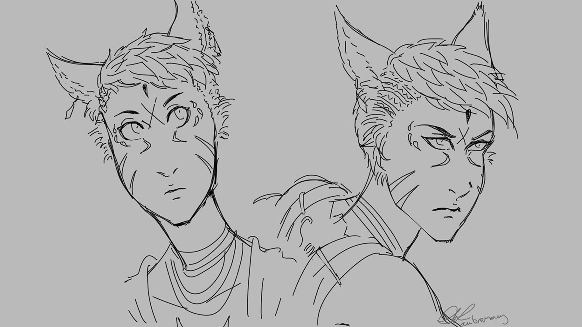 Digital sketches of a miqo'te man with short hair and a scar on his brow. On the left, he looks wide-eyed and inquisitive. On the right, he looks more serious.