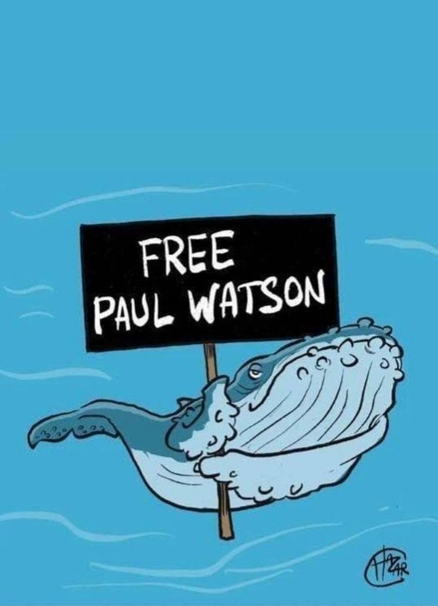 Illustration 
Une baleine brandit un écriteau sur lequel est écrit FREE PAUL WATSON