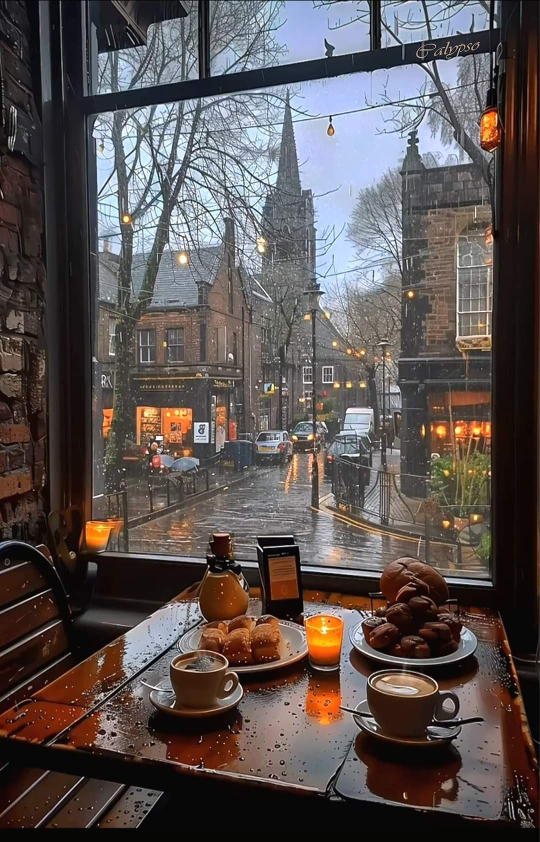 La photo montre une scène de café par une journée pluvieuse. À l'intérieur du café, il y a une table en bois avec des gouttes de pluie, deux tasses de café, une assiette de viennoiseries, une assiette de petits pains, une bougie allumée et une bouteille de sirop. À travers la grande fenêtre, on peut voir une rue pavée mouillée, des bâtiments en briques, des lumières suspendues et une église avec une haute flèche en arrière-plan.